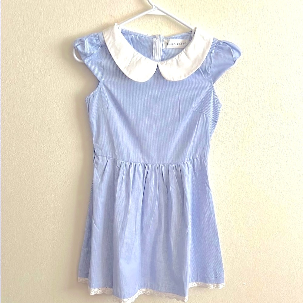 Blue/White ASO Wednesday Addams Family Stripe Peplum Mini Peter Pan Collar Dress